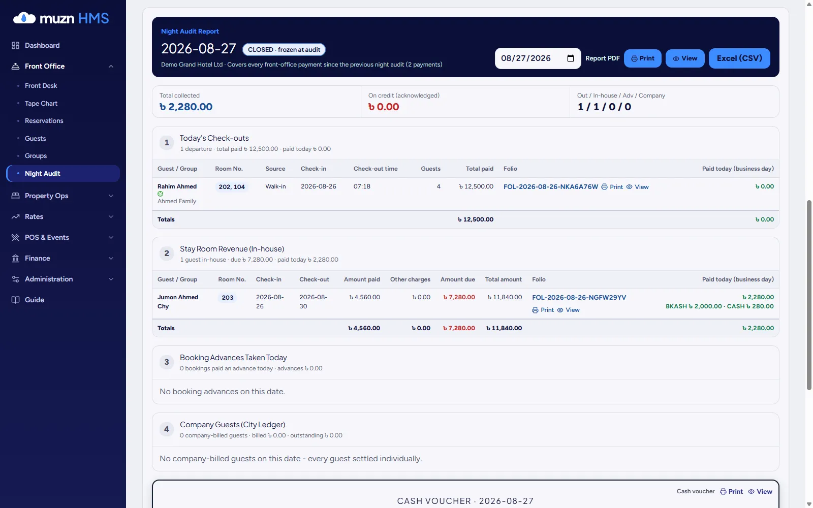 Muzn HMS night audit report with collected money and check-outs
